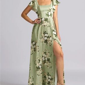 Azazie Floral Print Green Maxi Dress